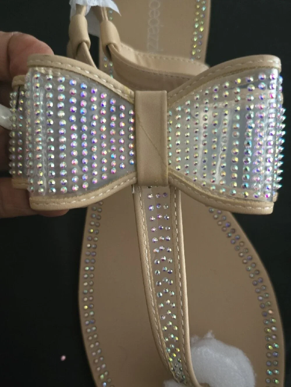 Shoe Dazzle Nude Bow Toe-Post Sandals with Rhinestone Trim